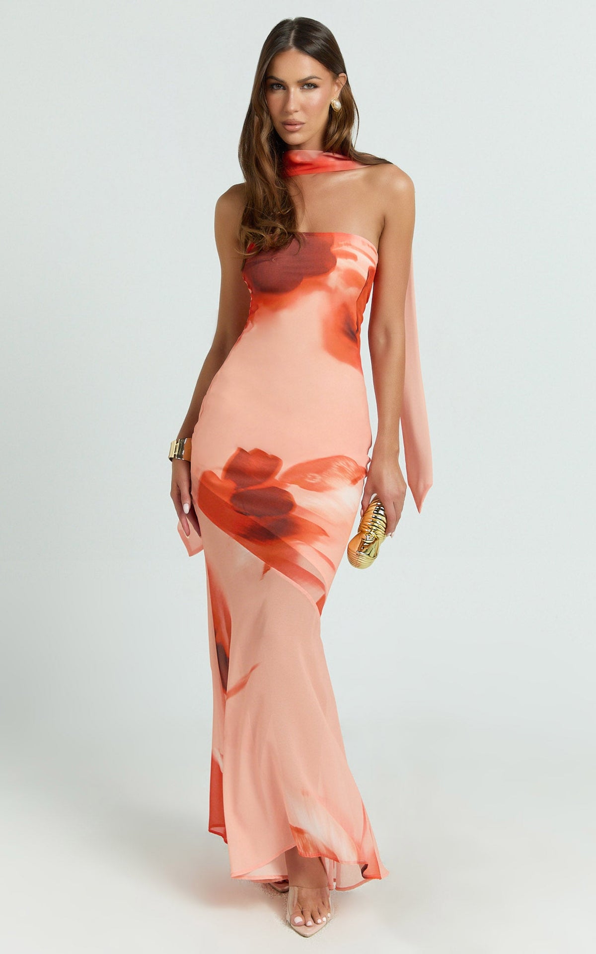 Angie Maxi Dress - Strapless Bias Column Dress with Scarf in Orange