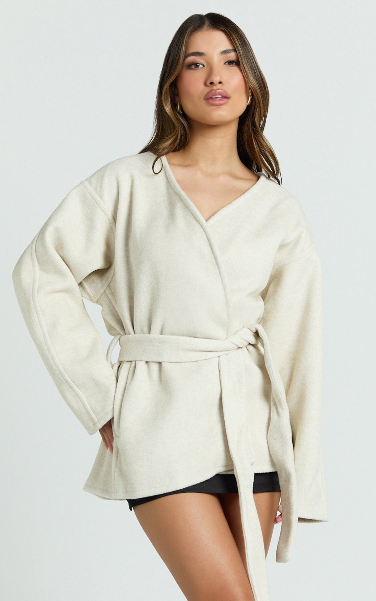 Annalise Jacket - Collarless Tie Waist Wool Look Jacket in Cream