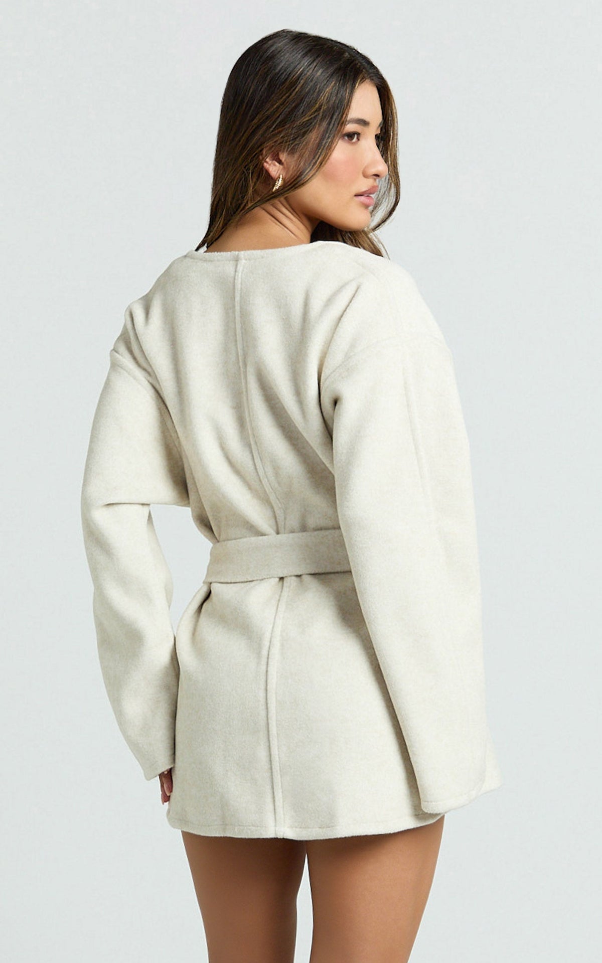 Annalise Jacket - Collarless Tie Waist Wool Look Jacket in Cream
