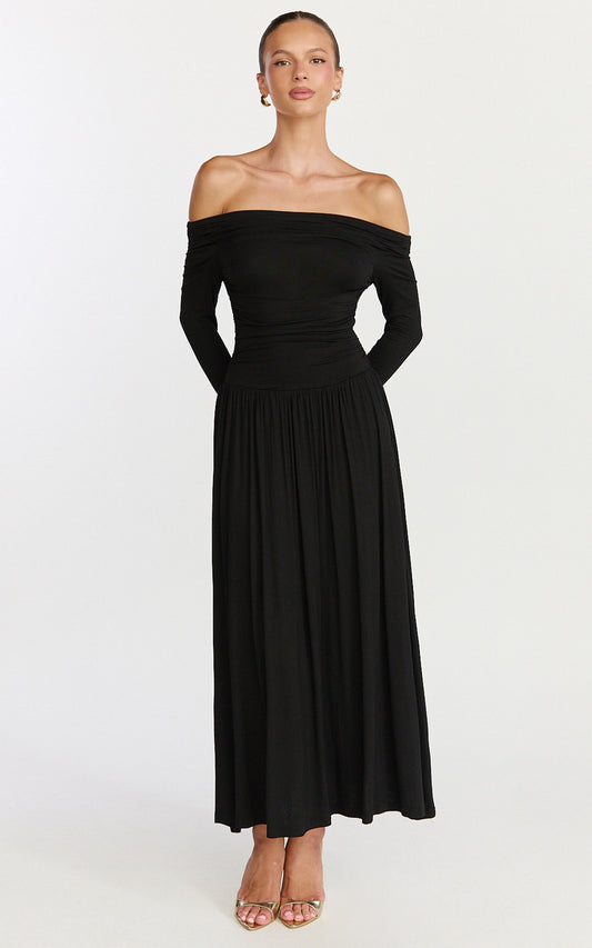 Antonia Midi Dress - Off The Shoulder Long Sleeve Dress in Black