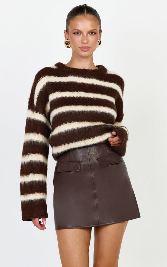 Aria Jumper - Fluffy Striped Knit Jumper in Chocolate