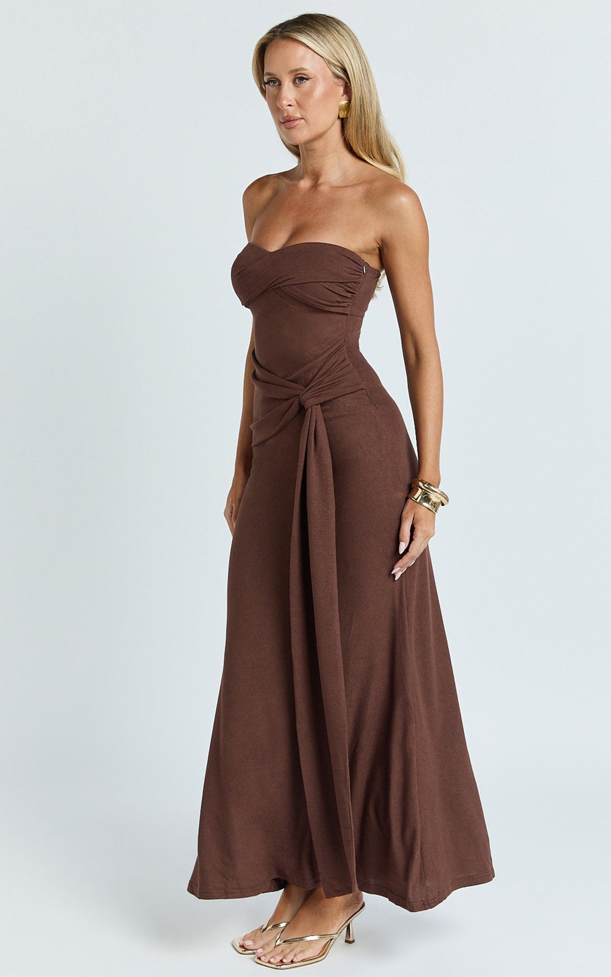 Aria Midi Dress - Strapless Tie Waist Dress in Chocolate