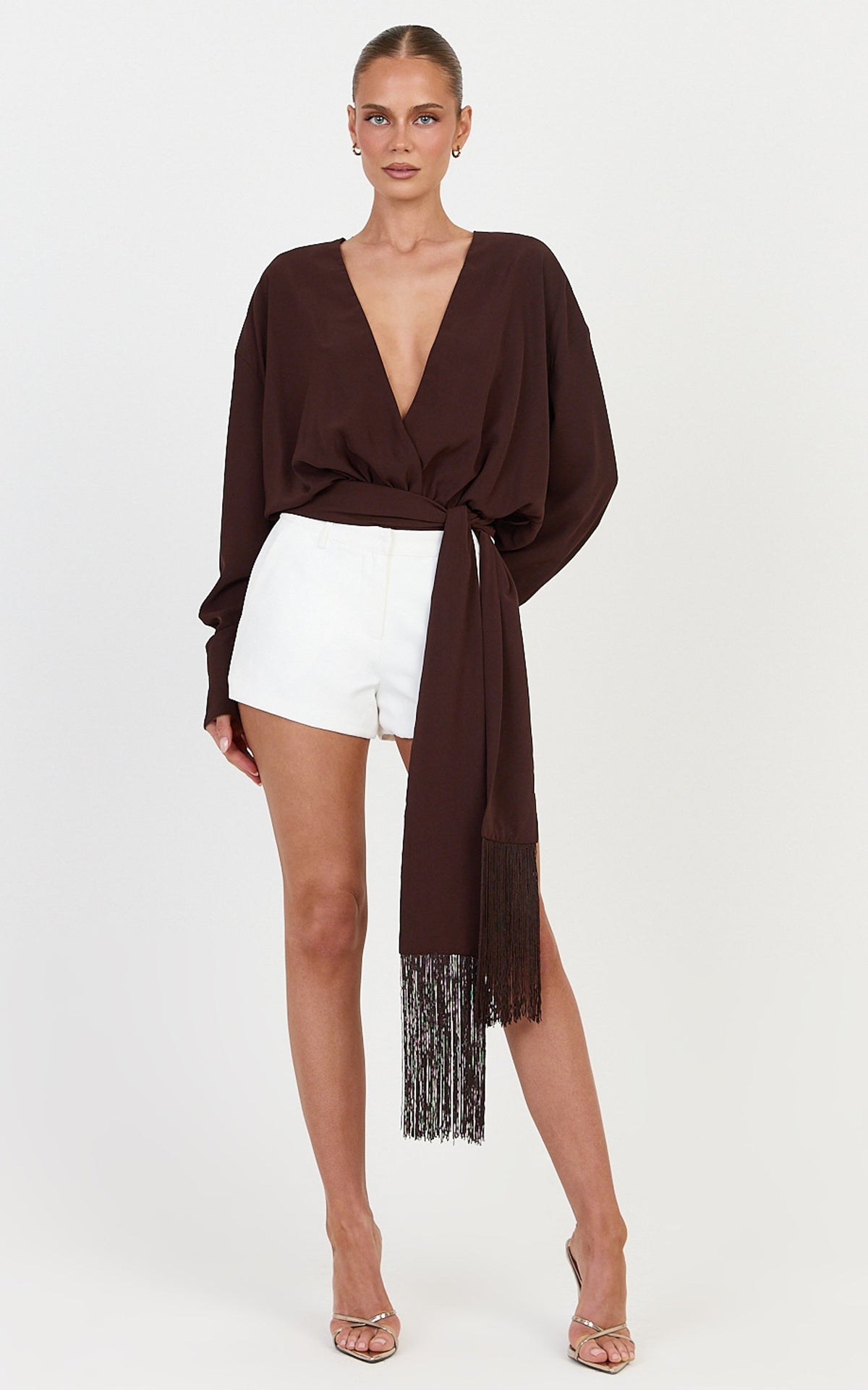 Ariette Bodysuit - Plunge Neck Tassel Detail Belt Bodysuit in Chocolate
