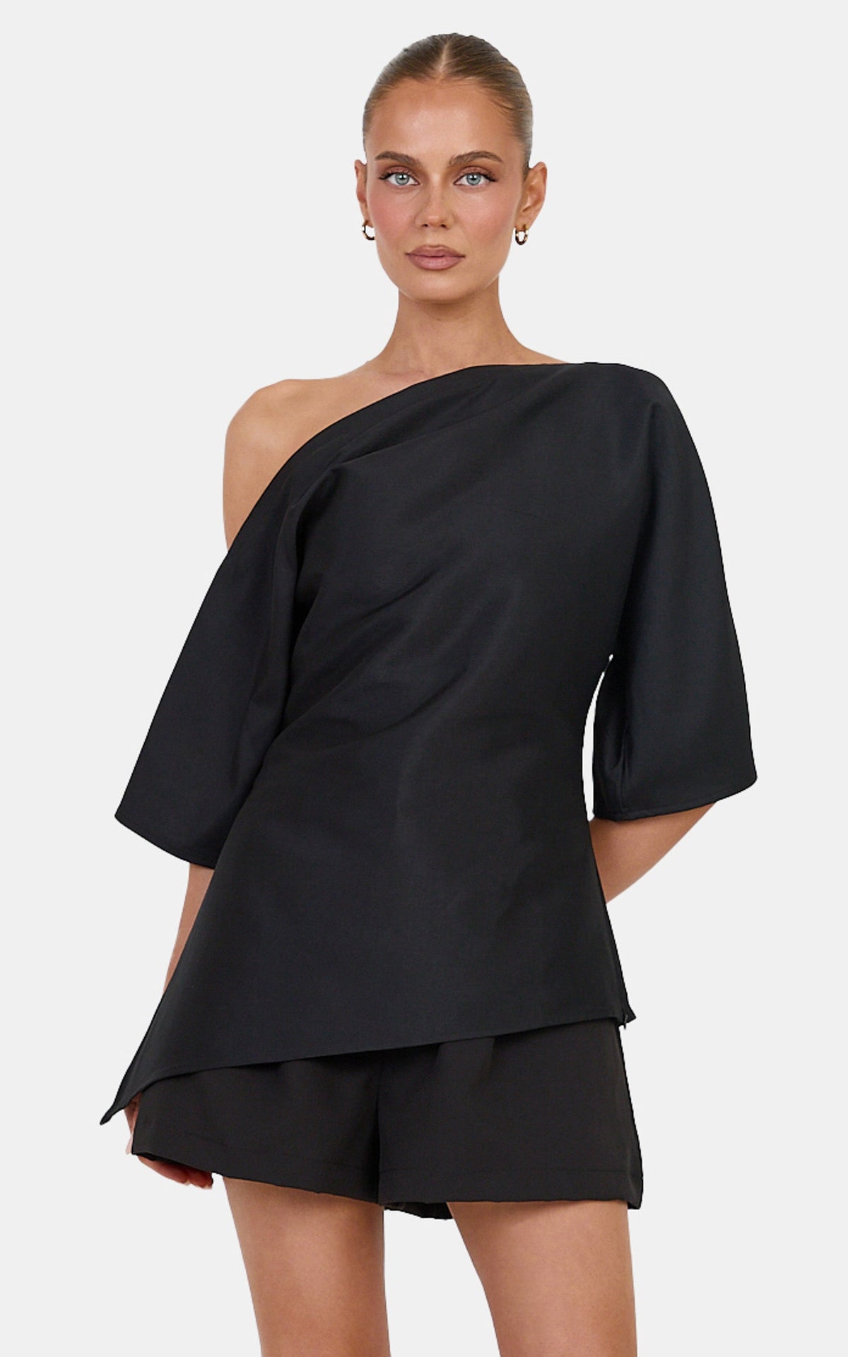 Aubrey Top - Cotton Blend Off Shoulder Cinched Waist Top in Black