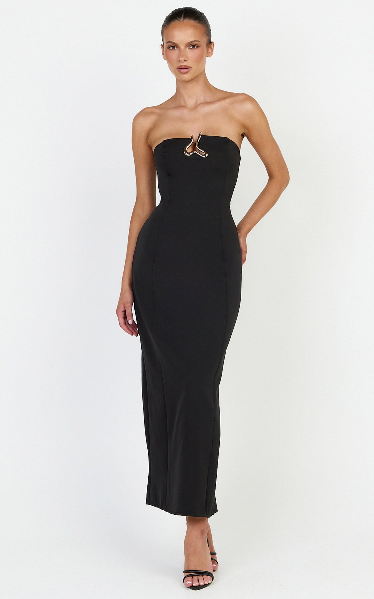 Aurea Maxi Dress - Strapless Gold Trim Column Dress in Black