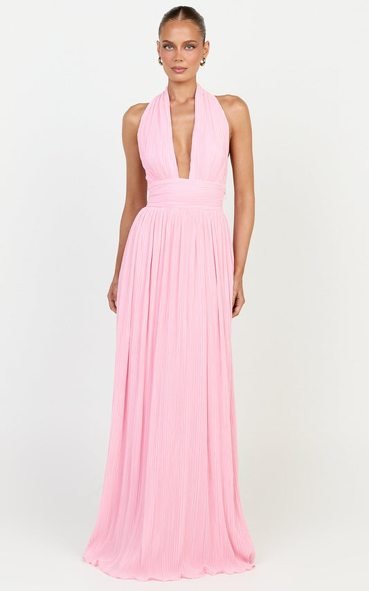 Aurelia Maxi Dress - Plisse Halter Neck Dress in Pink