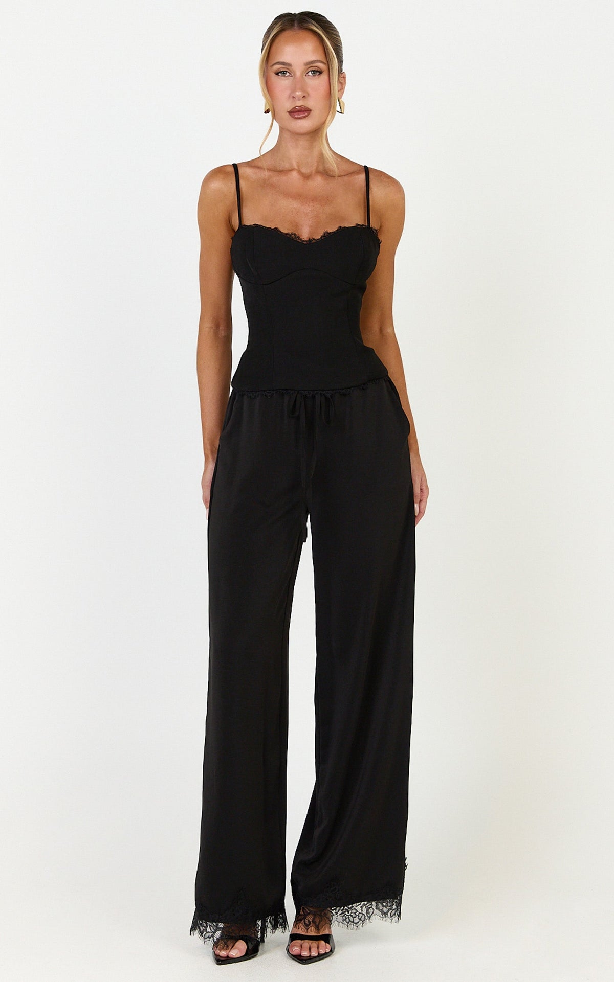 Ava Pants - Mid Waist Relaxed Leg Lace Hem Pants in Black