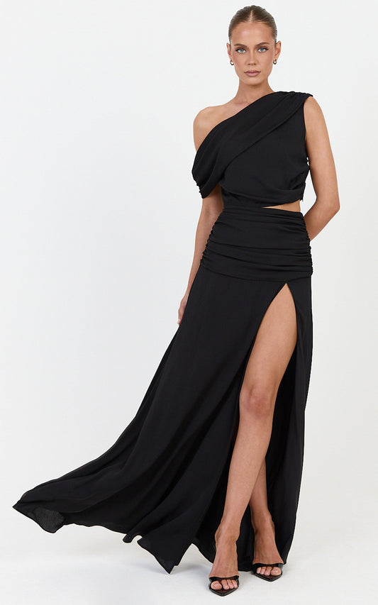 Ayla Two Piece Set - Draped Off Shoulder Top And Maxi Skirt Set in Black