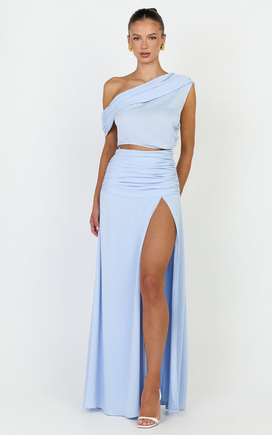 Ayla Two Piece Set - Draped Off Shoulder Top And Maxi Skirt Set in Blue