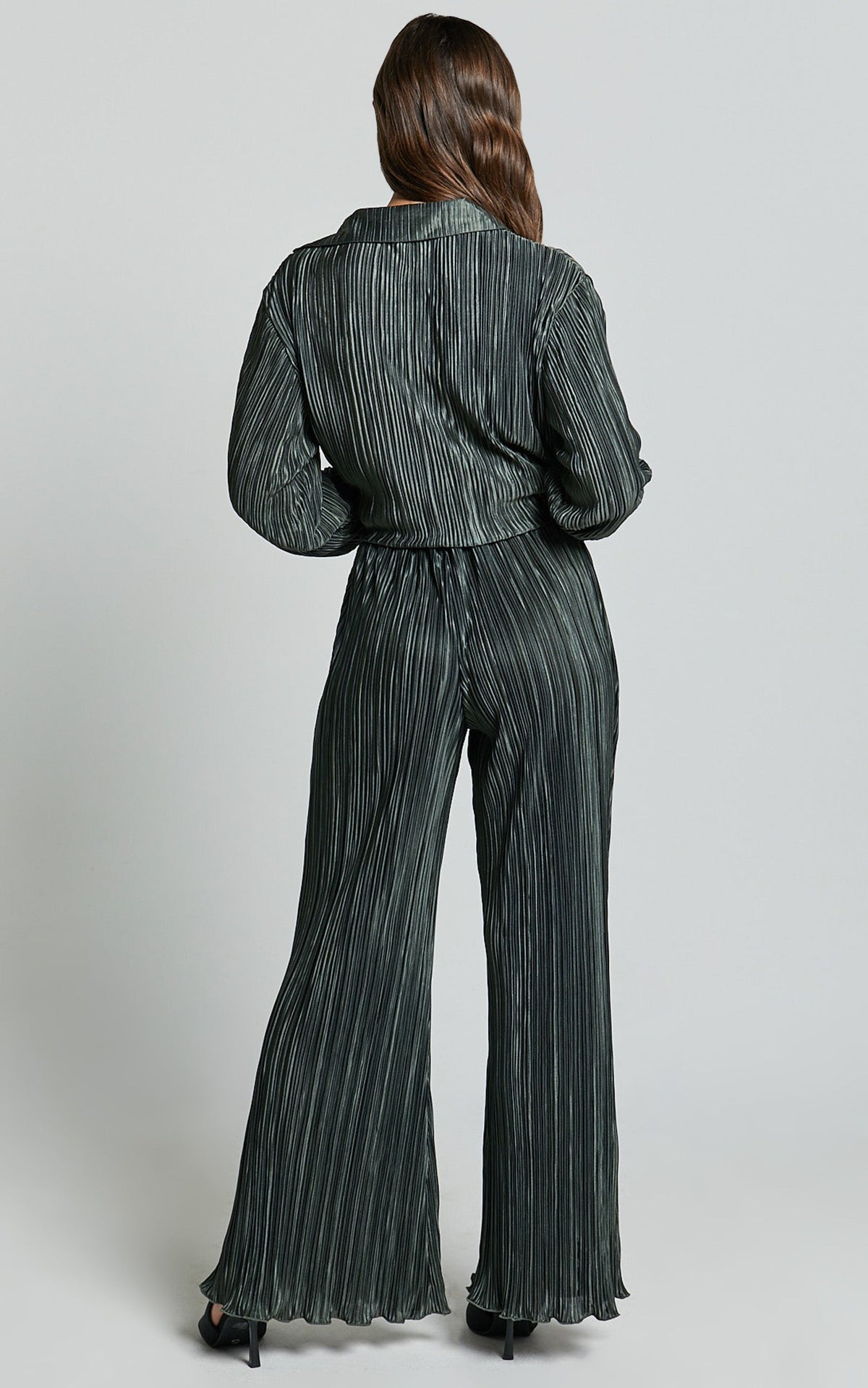 Beca Pants - High Waisted Plisse Flared Pants in Olive