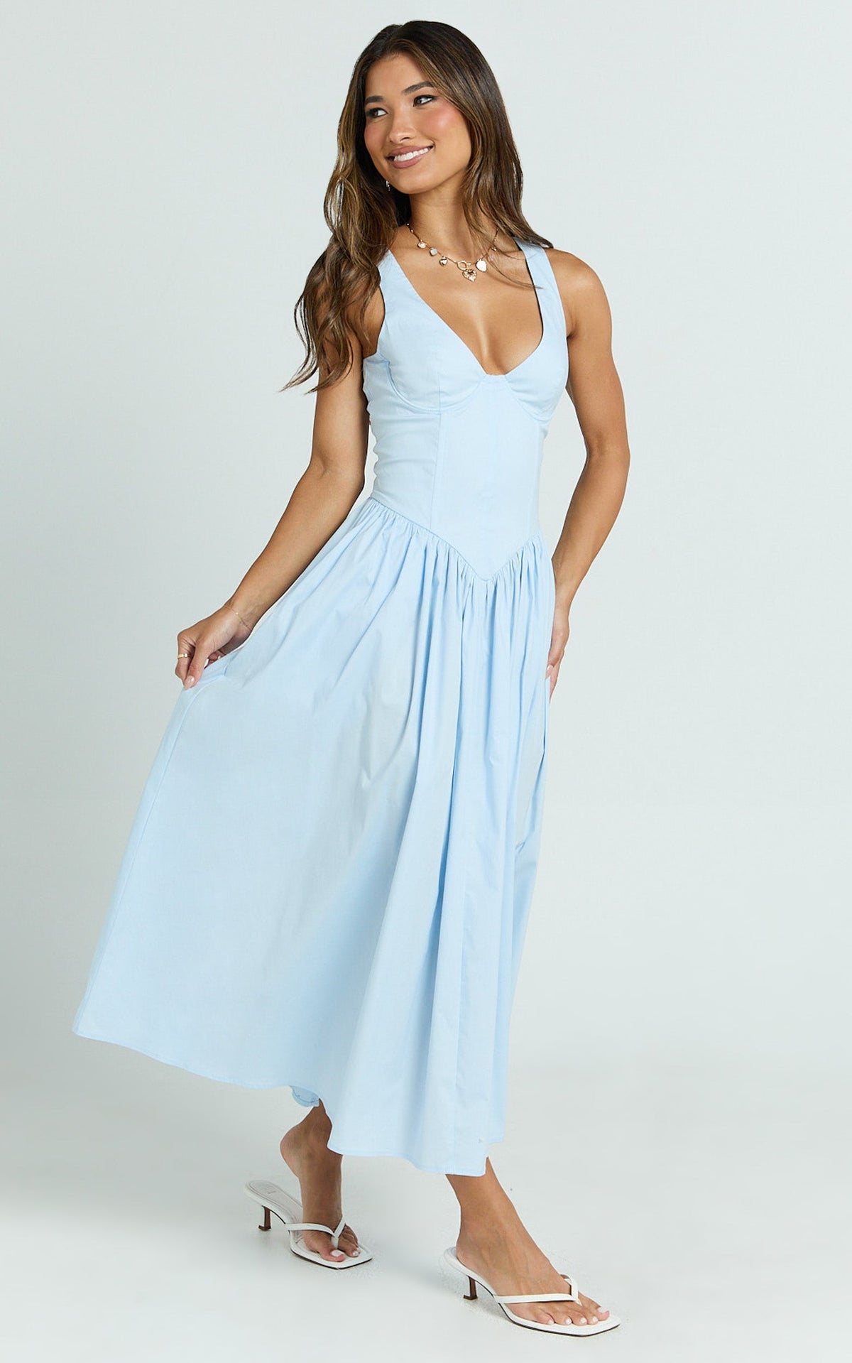 Beckett Midi Dress - Scoop Neck Drop V Waist Gathered Skirt Dress in Blue