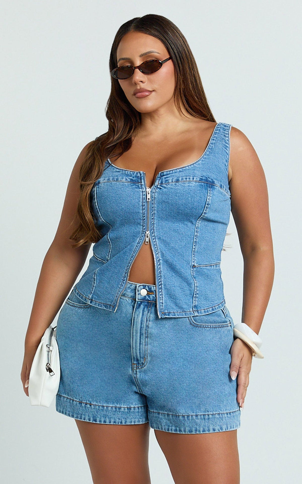 Bellerose Top - Front Zip Denim Fitted Top in Mid Blue