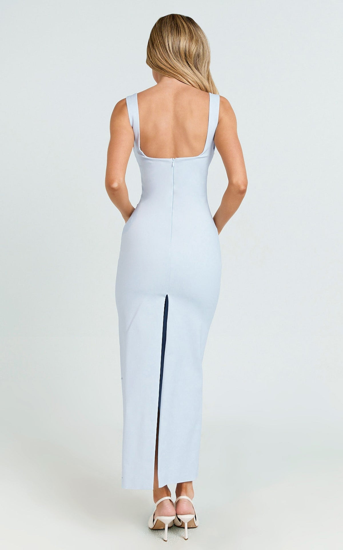 Benita Midi Dress - Scoop Neck Ruched Fitted Dress in Blue