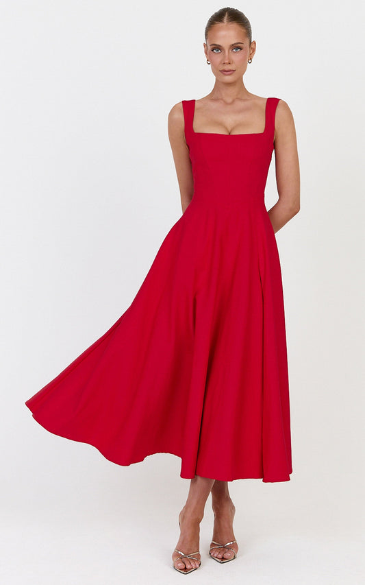 Bernie Midi Dress - Square Neck Strapped Full Circle Skirt Dress in Red
