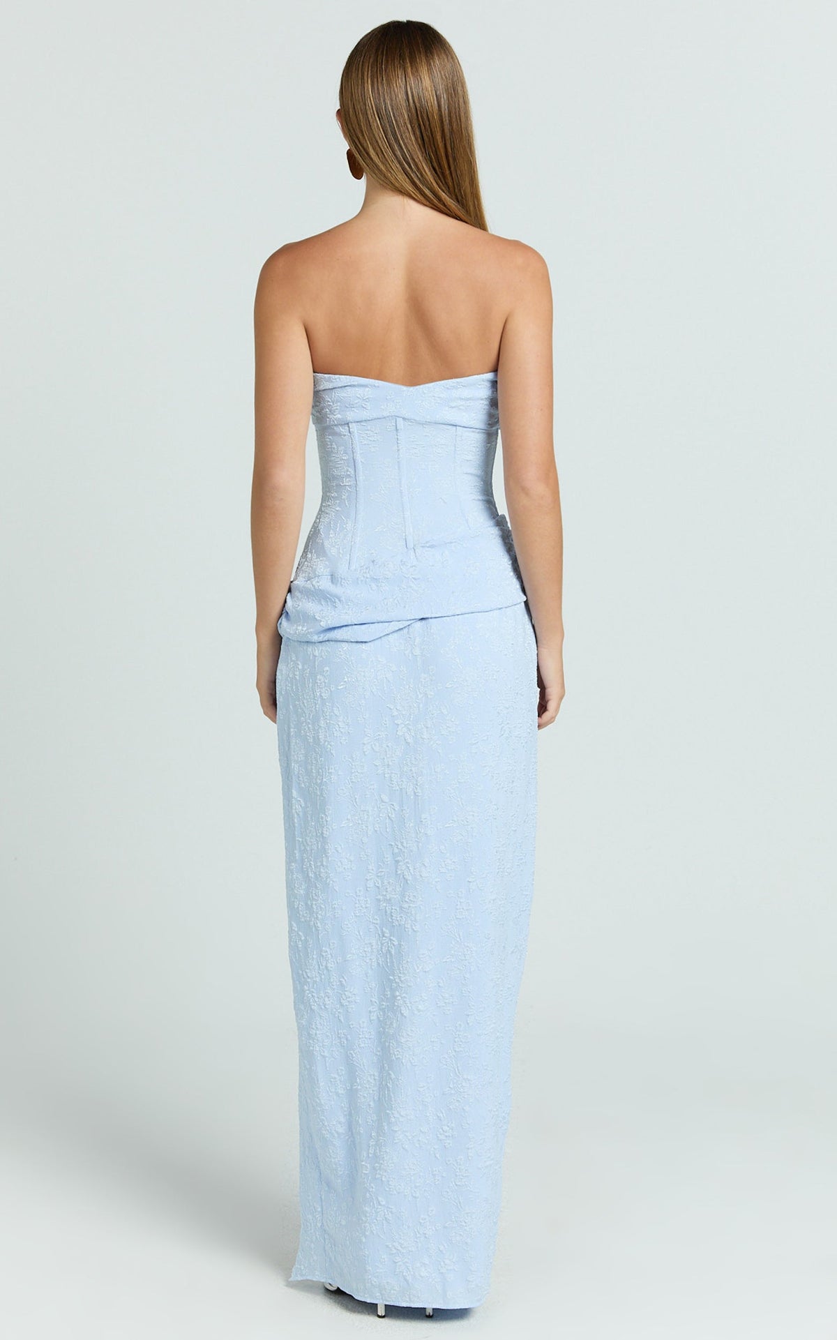 Berri Maxi Dress - Strapless Jacquard High Split Dress in Blue