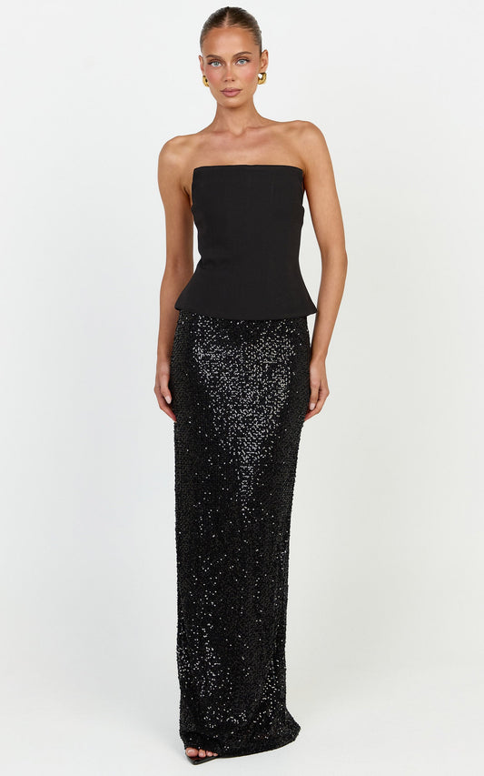 Beth Maxi Skirt - Sequin Back Split Skirt in Black
