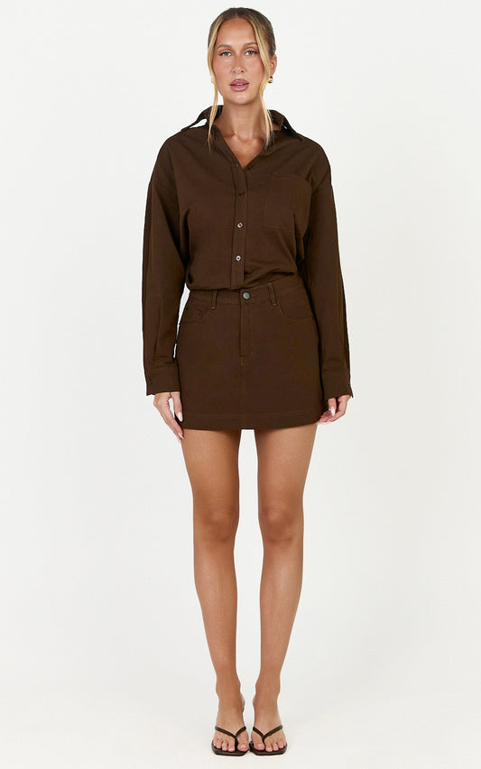 Blanche Mini Skirt - Mid Rise A Line Skirt in Dark Chocolate