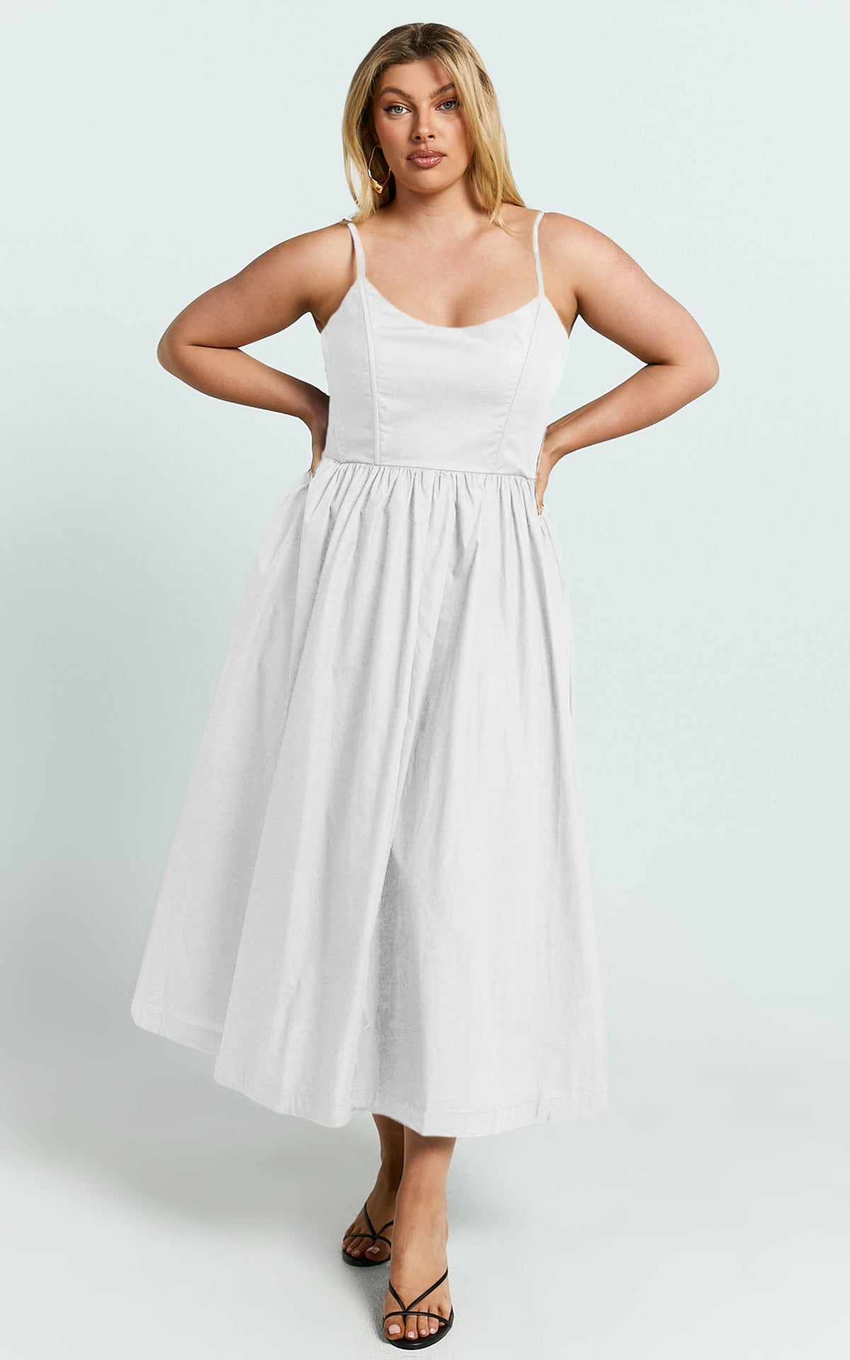Braelyn Midi Dress - Scoop Neck Flare Dress in White