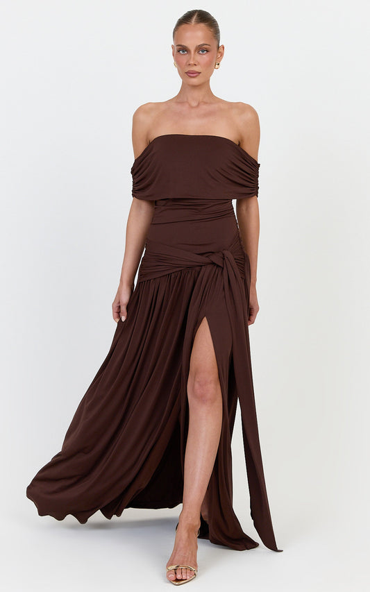 Bree Maxi Dress - Off Shoulder Draped Sash Dress in Chocolate