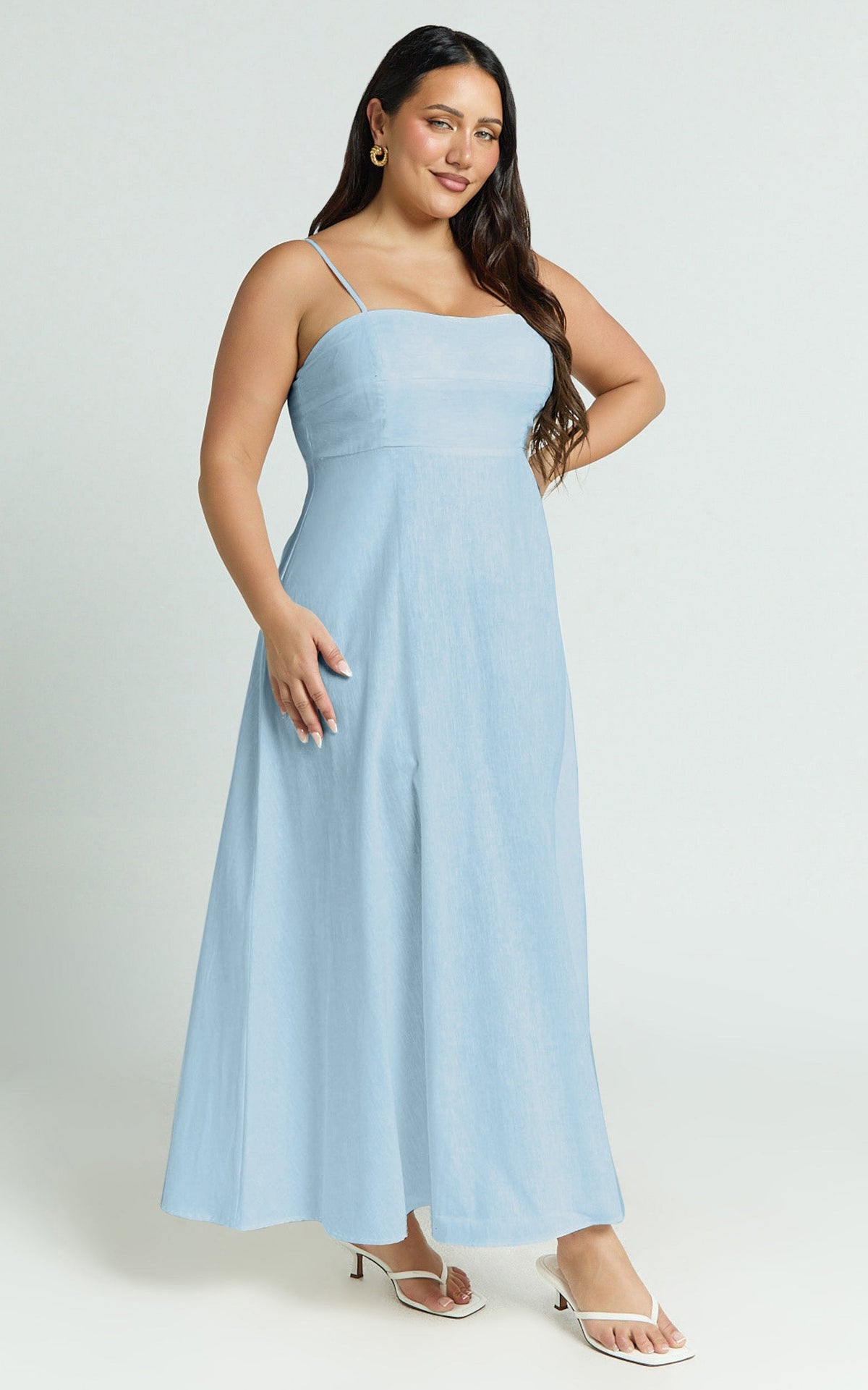 Brette Midi Dress - Linen Straight Neck Strappy Fit And Flare Dress in Blue