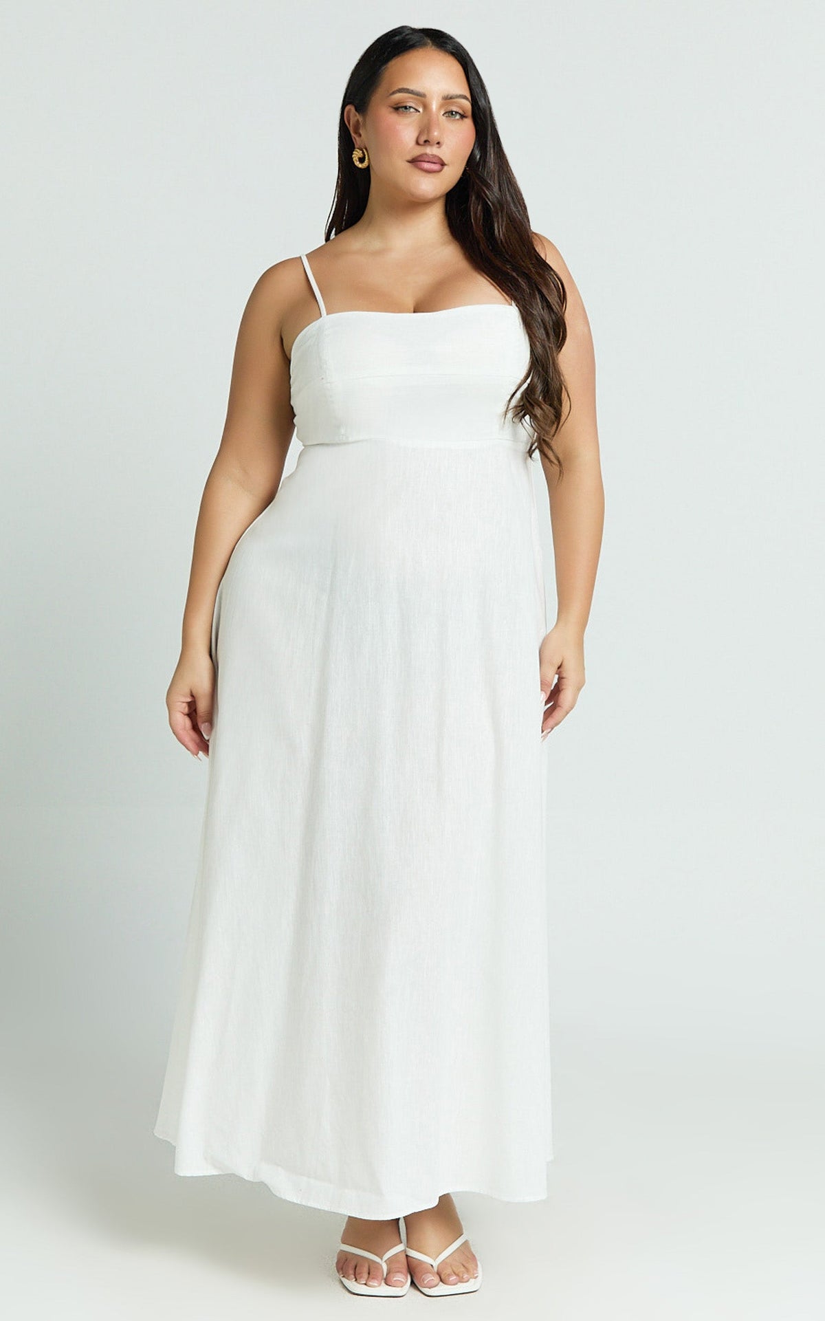 Brette Midi Dress - Linen Straight Neck Strappy Fit And Flare Dress in White