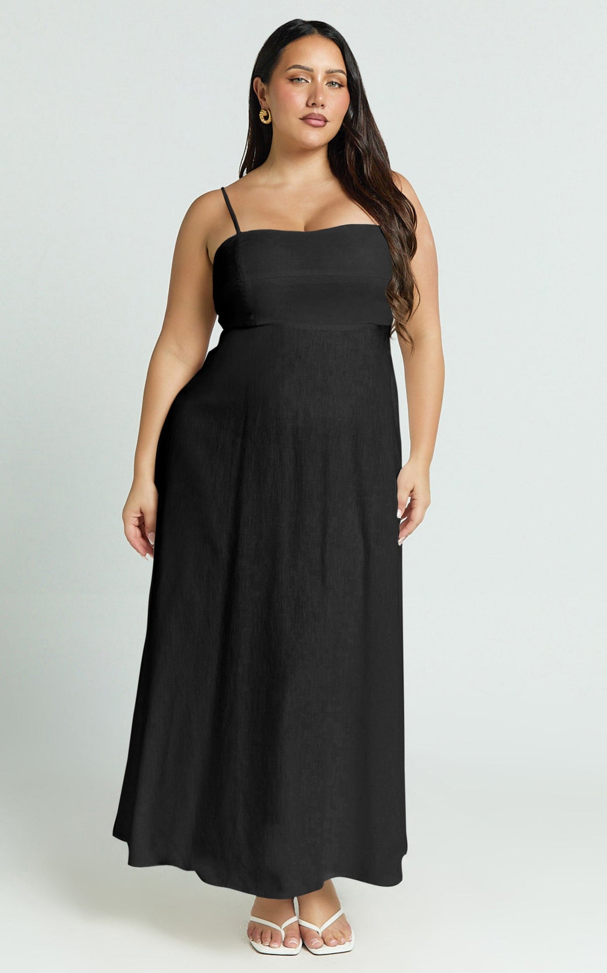 Brette Midi Dress - Linen Straight Neck Strappy Fit And Flare Dress in Black