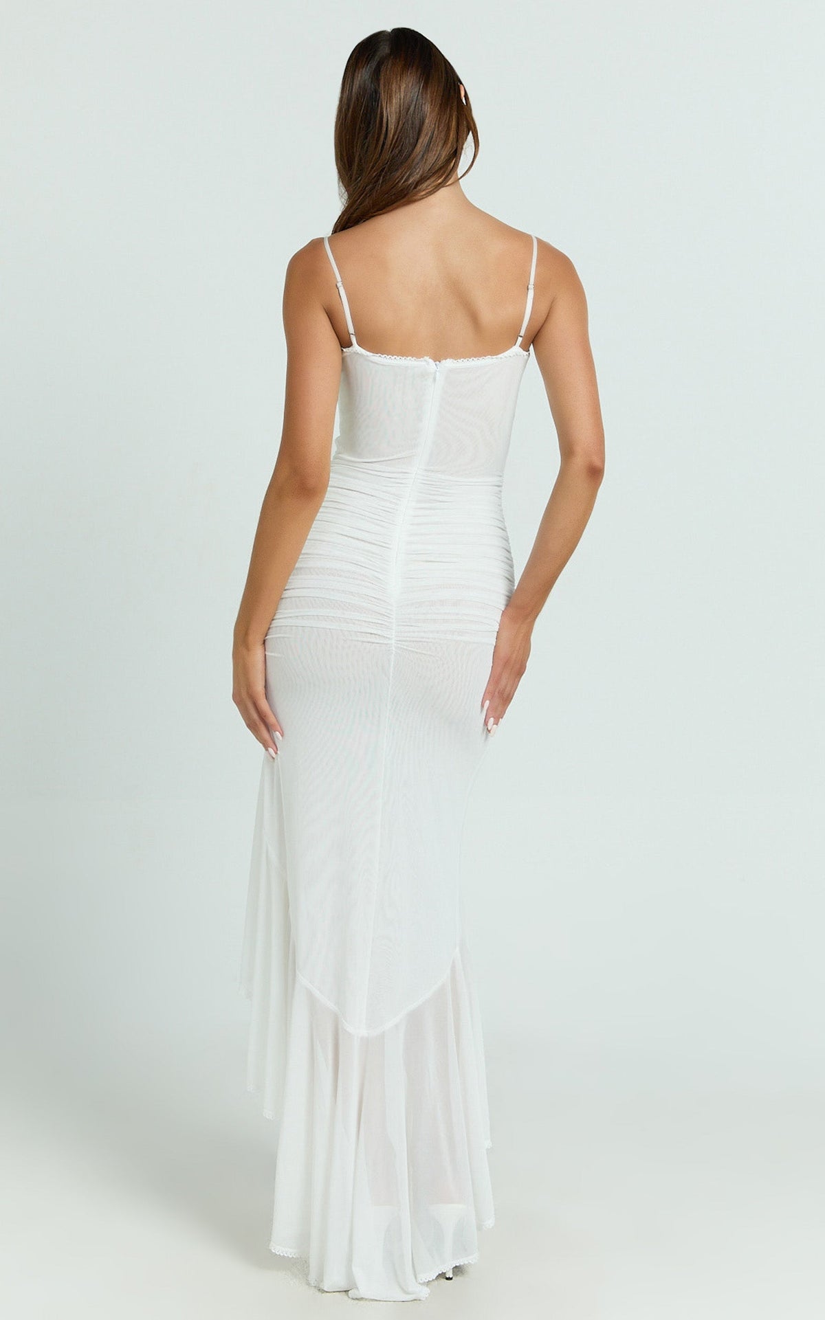 Brionna Maxi Dress - Lace Neck Ruched Ruffle Hem Dress in White