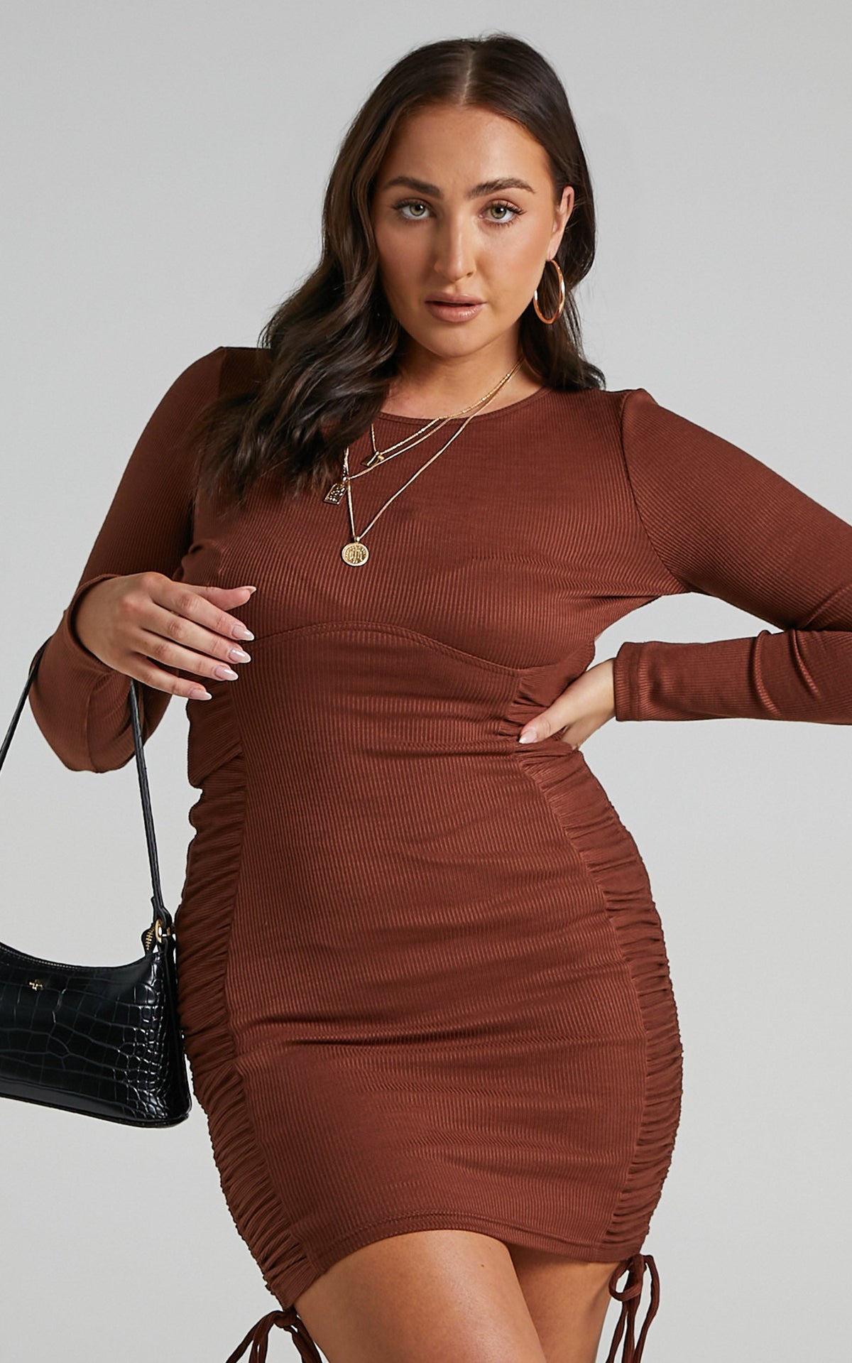 Brittah Mini Dress - Long Sleeve Dress in Chocolate