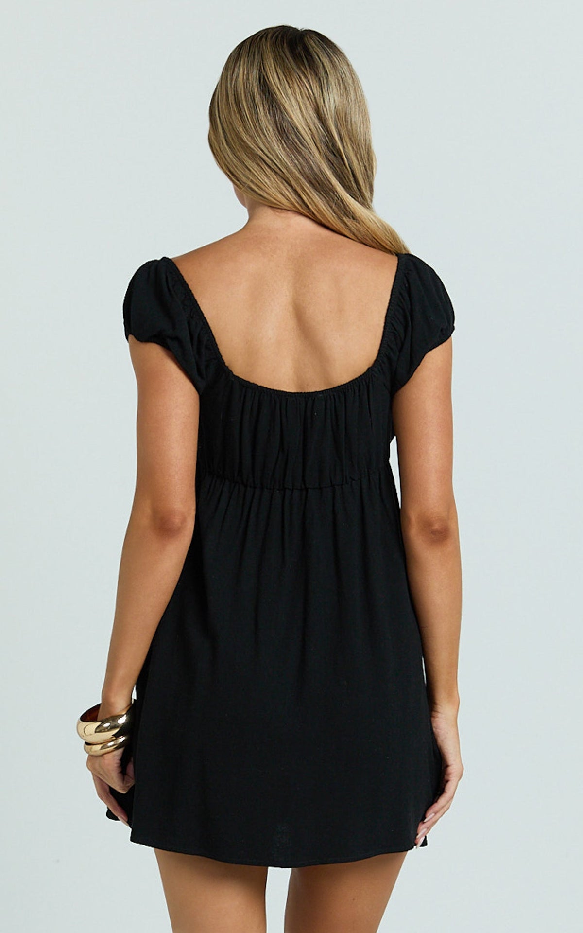 Brooks Mini Dress - Puff Sleeve Front Tie Babydoll Dress in Black