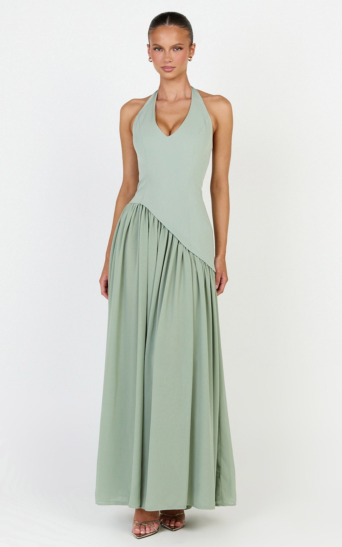 Calla Maxi Dress - Halter Neck Asymmetric Dropped Waist Dress in Sage