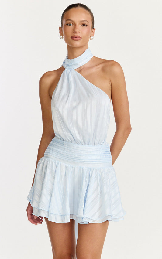 Callista Mini Dress - Scarf Neck Backless Dress in Light Blue