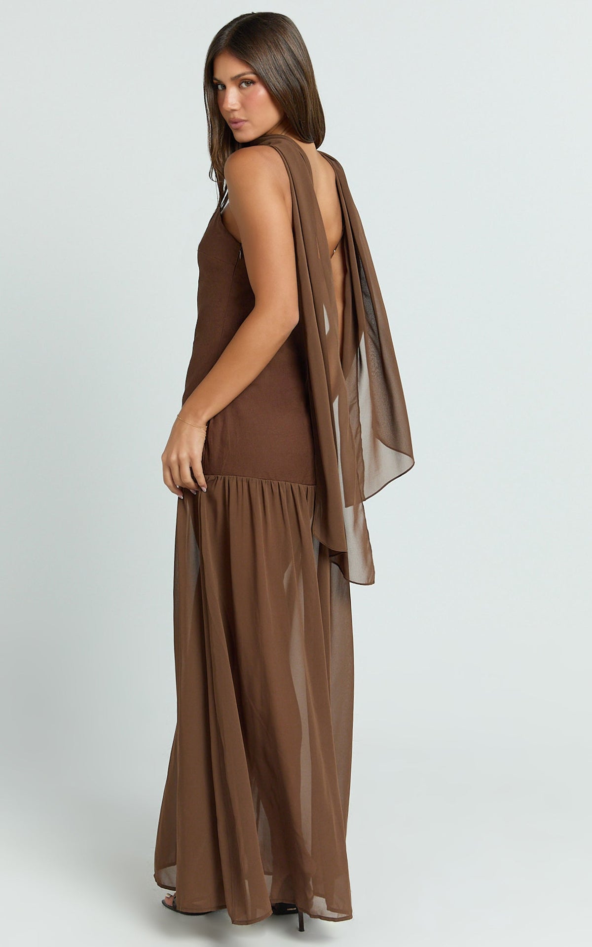 Calvin Maxi Dress - Linen Look Contrast Georgette Skirt with Neck Scarf in Chocolate
