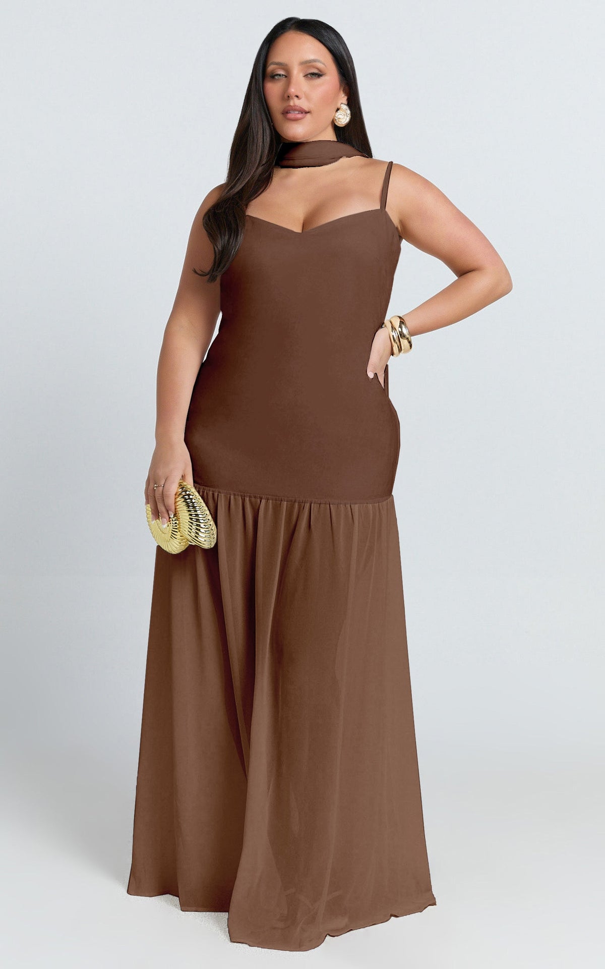 Calvin Maxi Dress - Linen Look Contrast Georgette Skirt with Neck Scarf in Chocolate