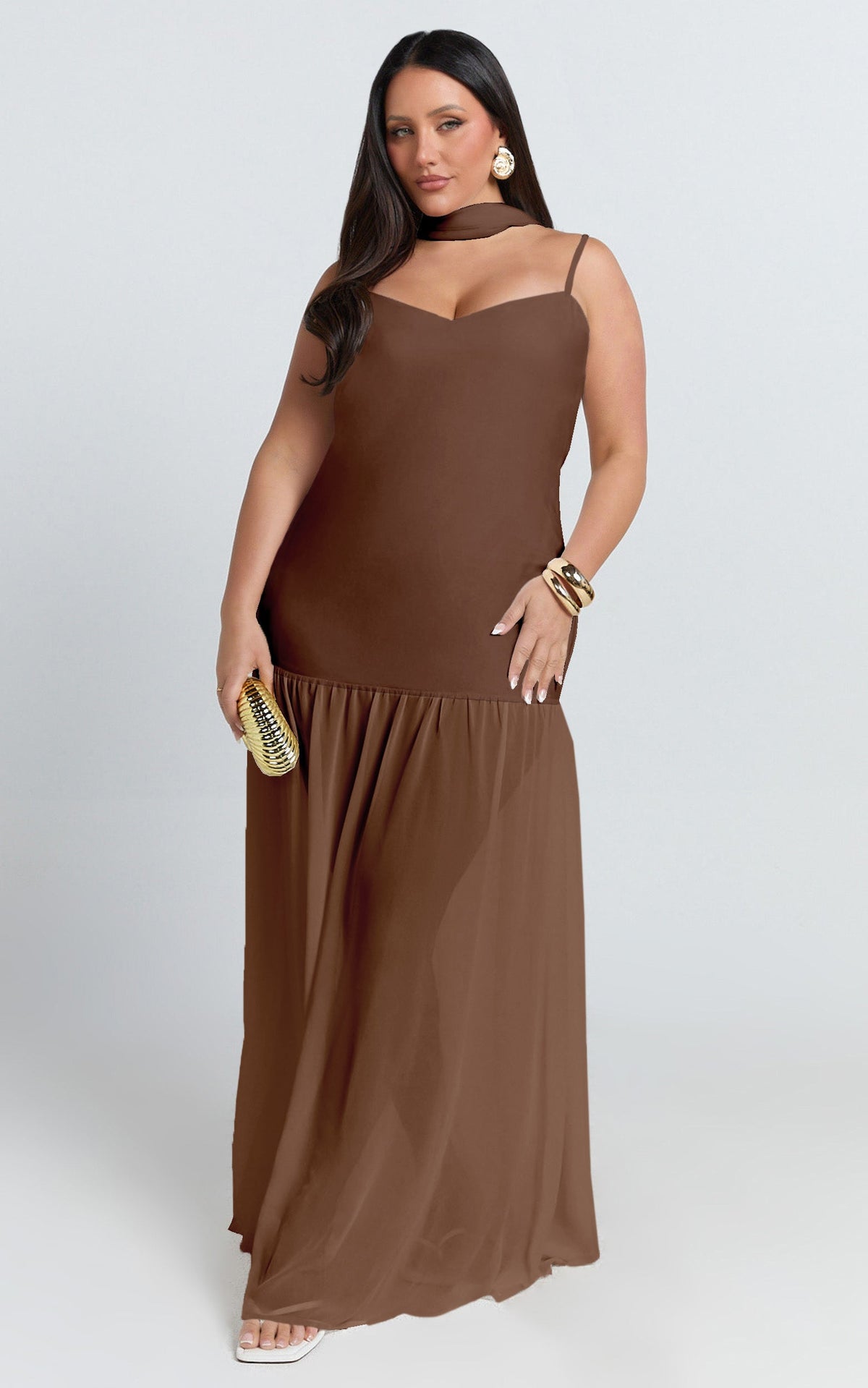 Calvin Maxi Dress - Linen Look Contrast Georgette Skirt with Neck Scarf in Chocolate