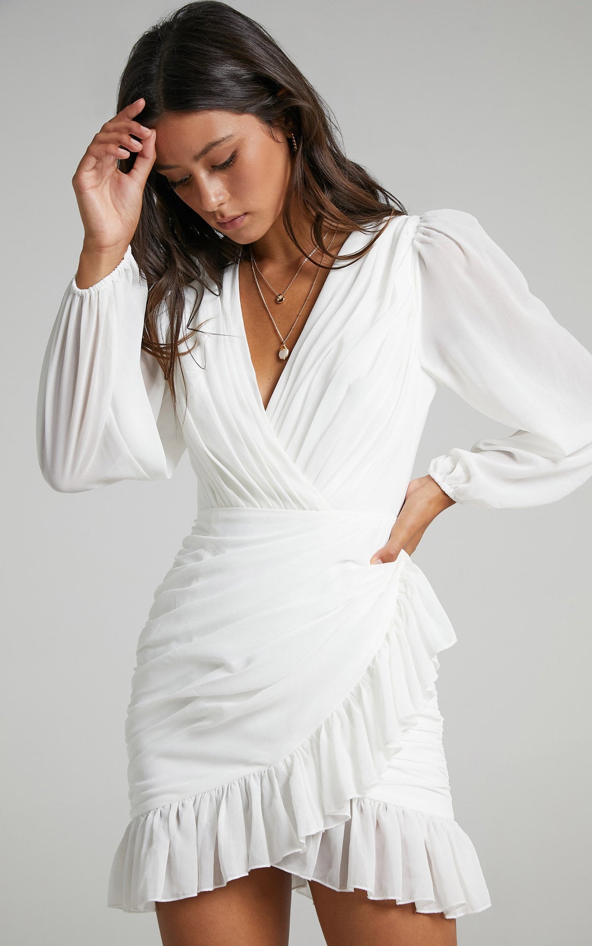 Can I Be Your Honey Mini Dress - Plunge Balloon Sleeve Dress in White