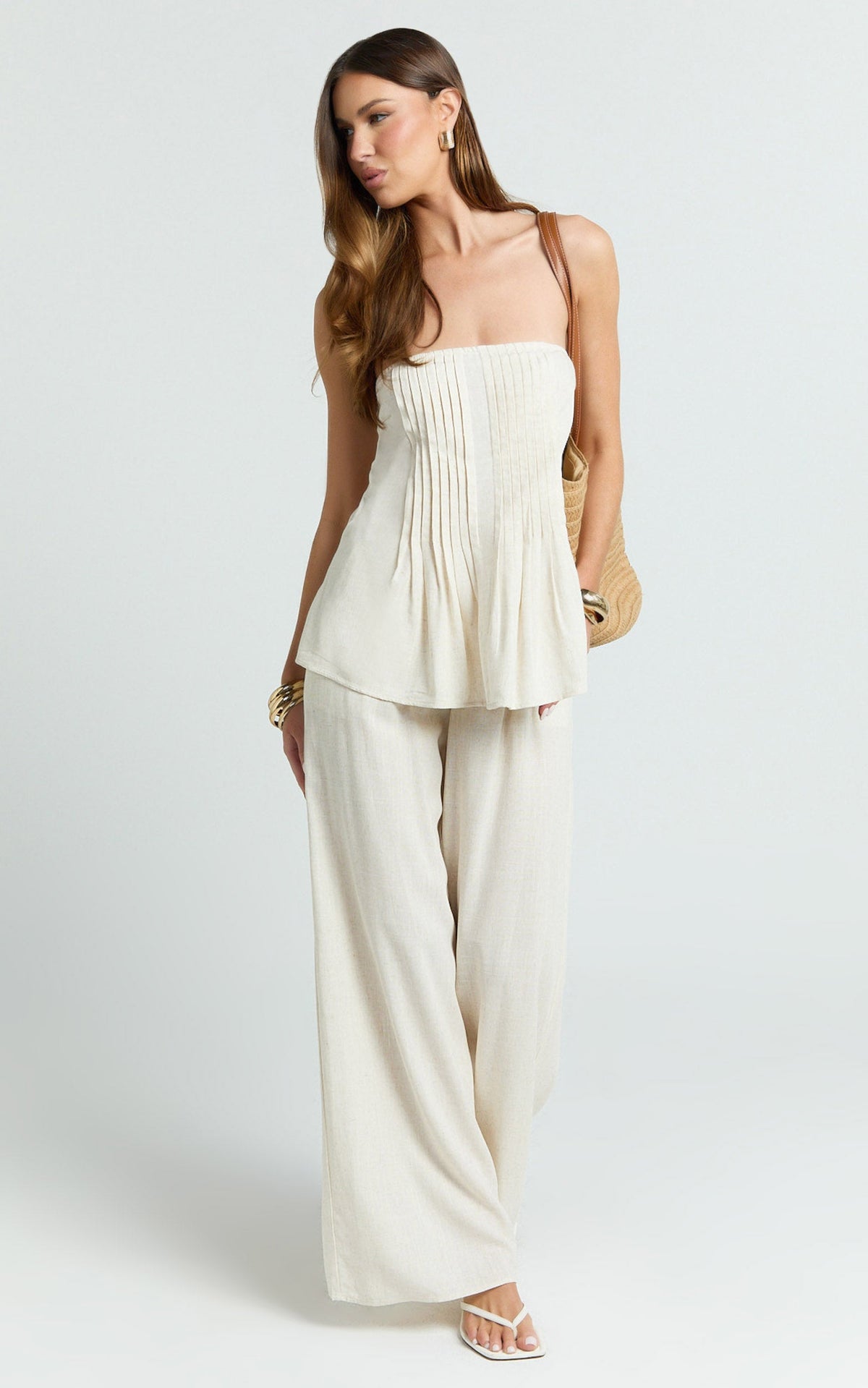Carli Two Piece Top and Pants Set - Cotton Tube Pant Set in Cream