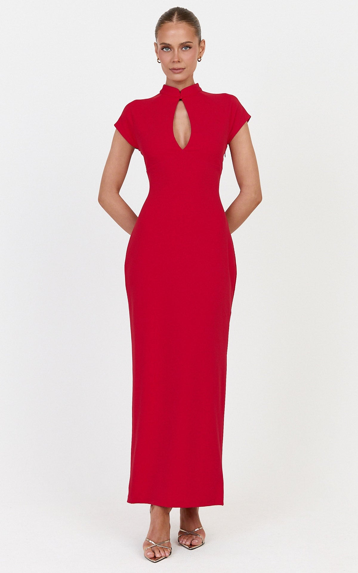 Cassienne Midi Dress - High Neck Keyhole Cut Out Bodycon Midi Dress in Red