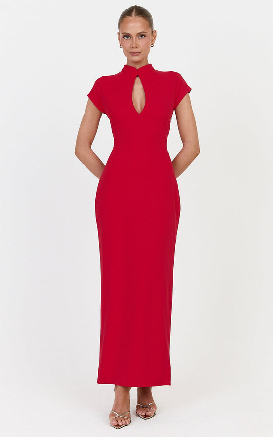 Cassienne Midi Dress - High Neck Keyhole Cut Out Bodycon Midi Dress in Red