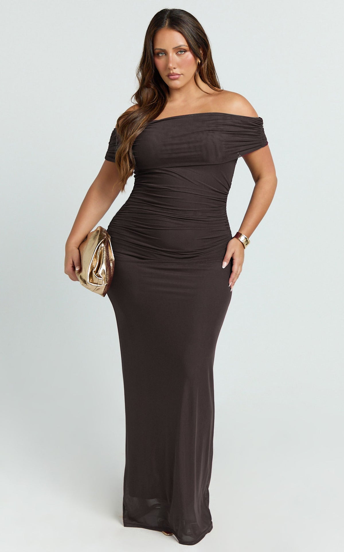 Caterina Maxi - Ruched Off Shoulder Mesh Dress in Chocolate