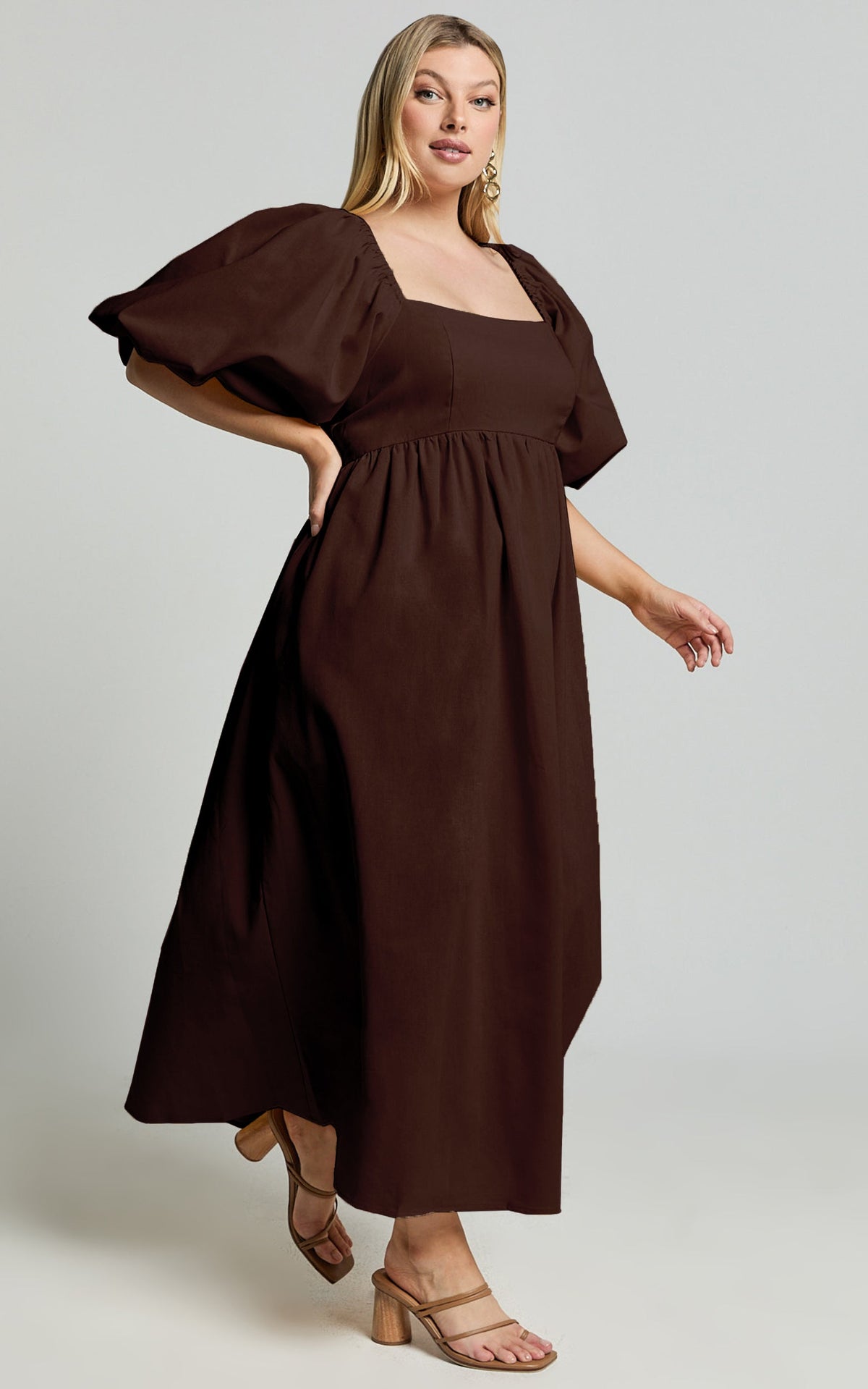 Cenia Midi Dress - Linen Straight Neck Shirred Back Puff Sleeve Dress in Dark Oak
