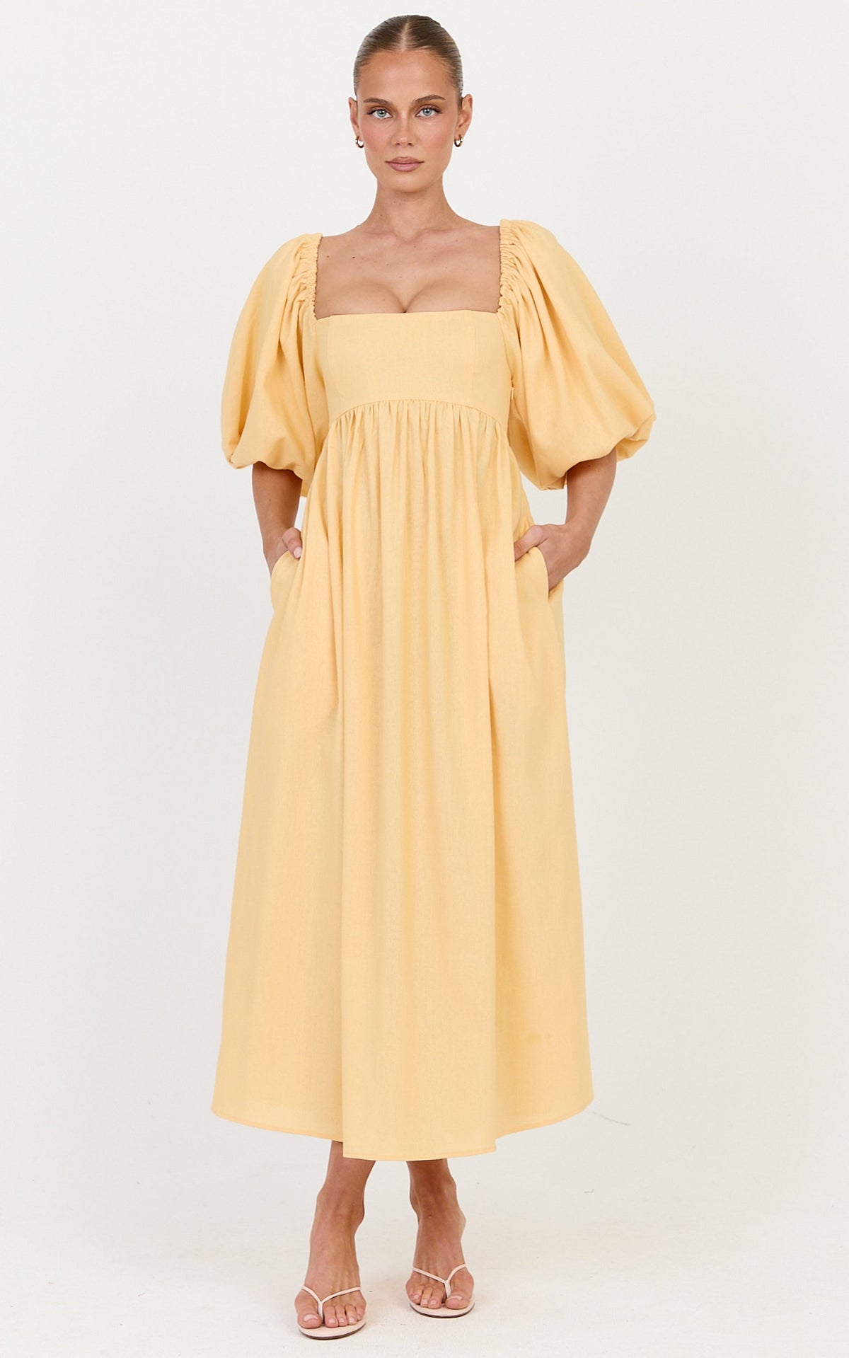 Cenia Midi Dress - Linen Straight Neck Shirred Back Puff Sleeve Dress in Lemon