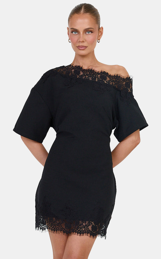 Chantelle Mini Dress - Cotton Blend Asymmetrical Tie Back Lace Mini Dress in Black