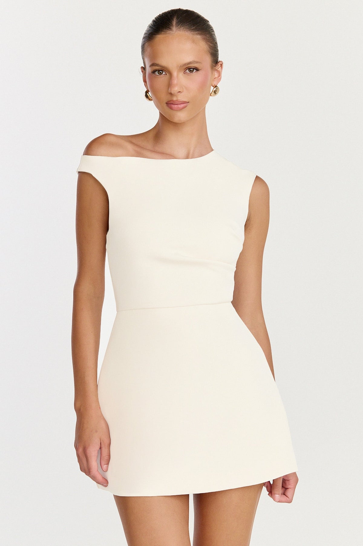 Claire Mini Dress - Tipped Shoulder Tulip Skirt Dress in White