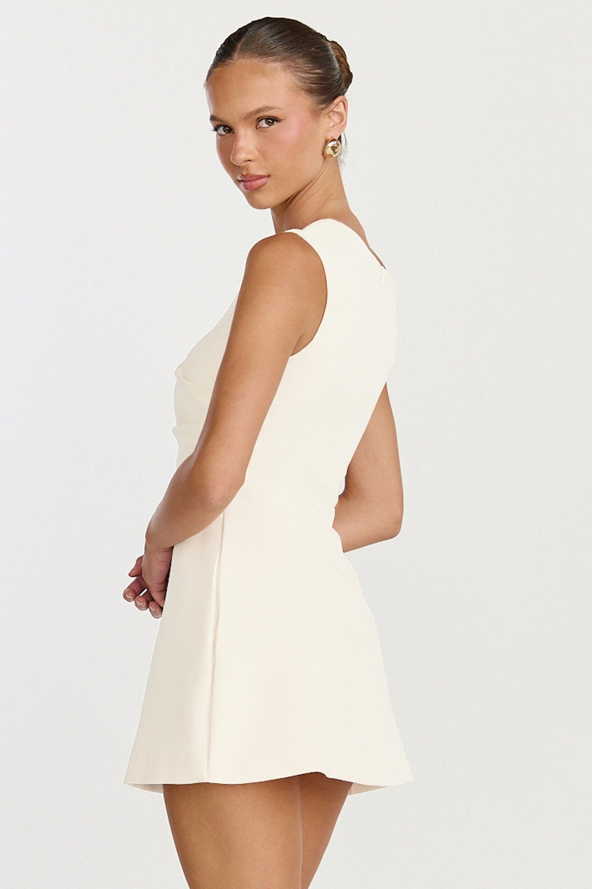 Claire Mini Dress - Tipped Shoulder Tulip Skirt Dress in White
