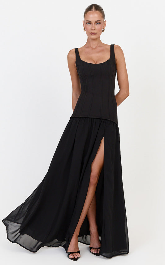 Coco Maxi Dress - Corset Bodice Fit And Flare Dress in Black