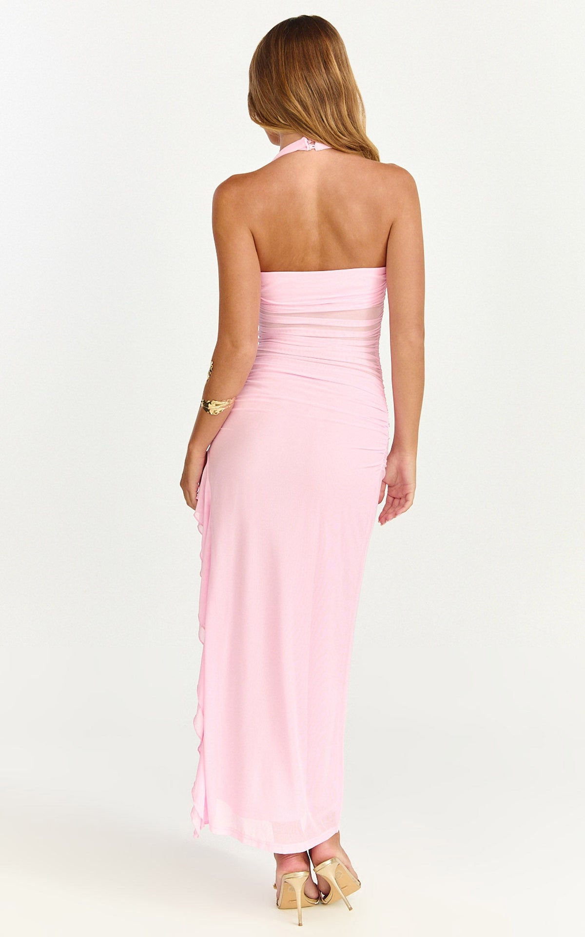 Almarie Midi Dress - Halter Neck Mesh Dress in Pink