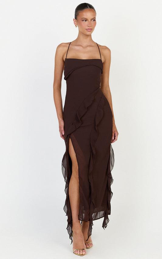 Connie Midi Dress - Ruffle Detail Dress in Chocolate
