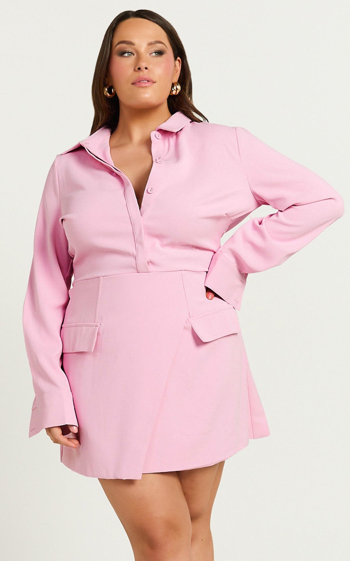Wanda Mini Dress - Long Sleeve Faux Wrap Dress in Pink