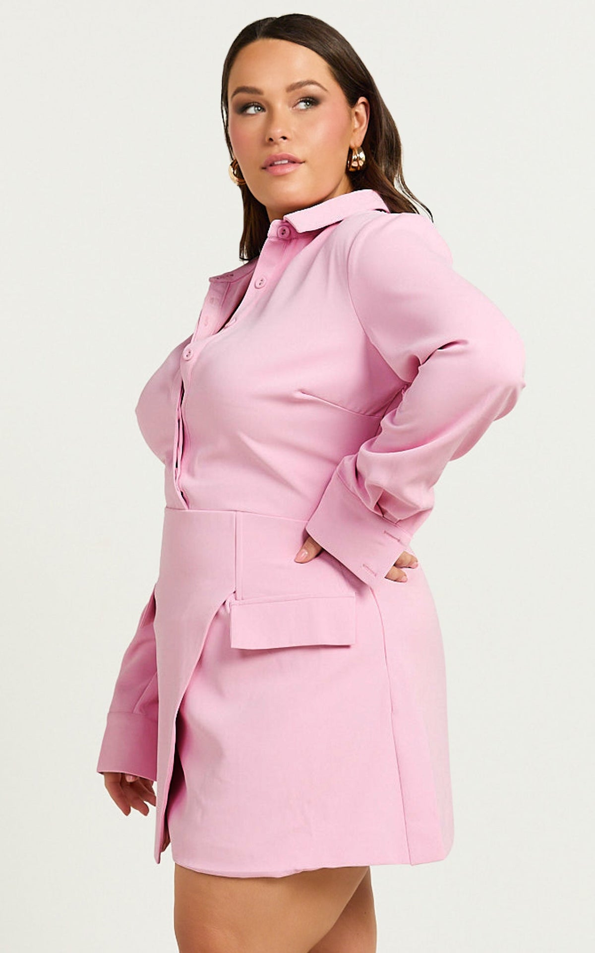 Wanda Mini Dress - Long Sleeve Faux Wrap Dress in Pink