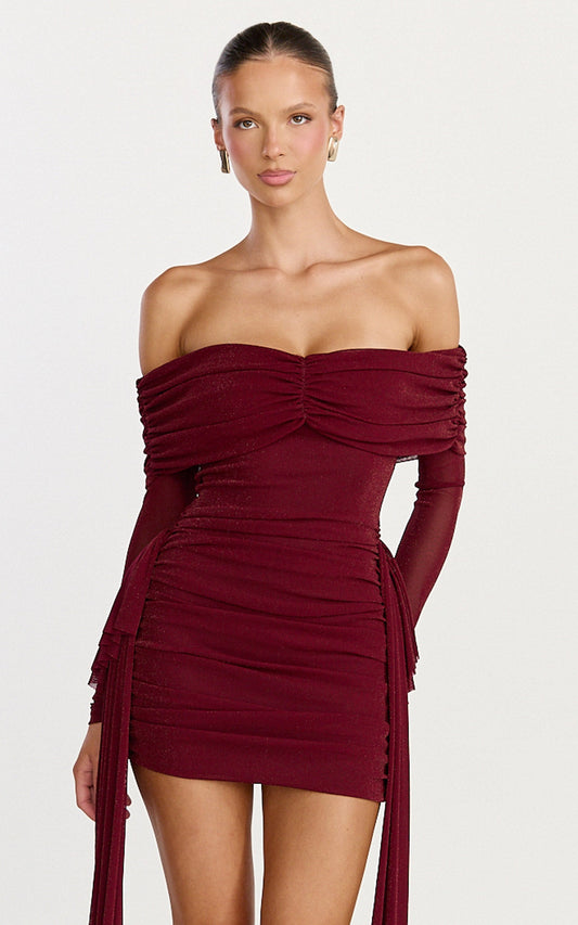 Coraline Mini Dress - Long Sleeve Off Shoulder Lurex Mesh Dress in Wine